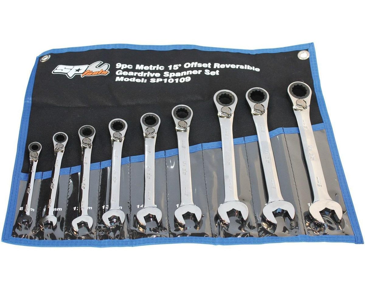 9PC METRIC QUAD DRIVE® REVERSIBLE GEAR DRIVE WRENCH SET - 15° OFFSET