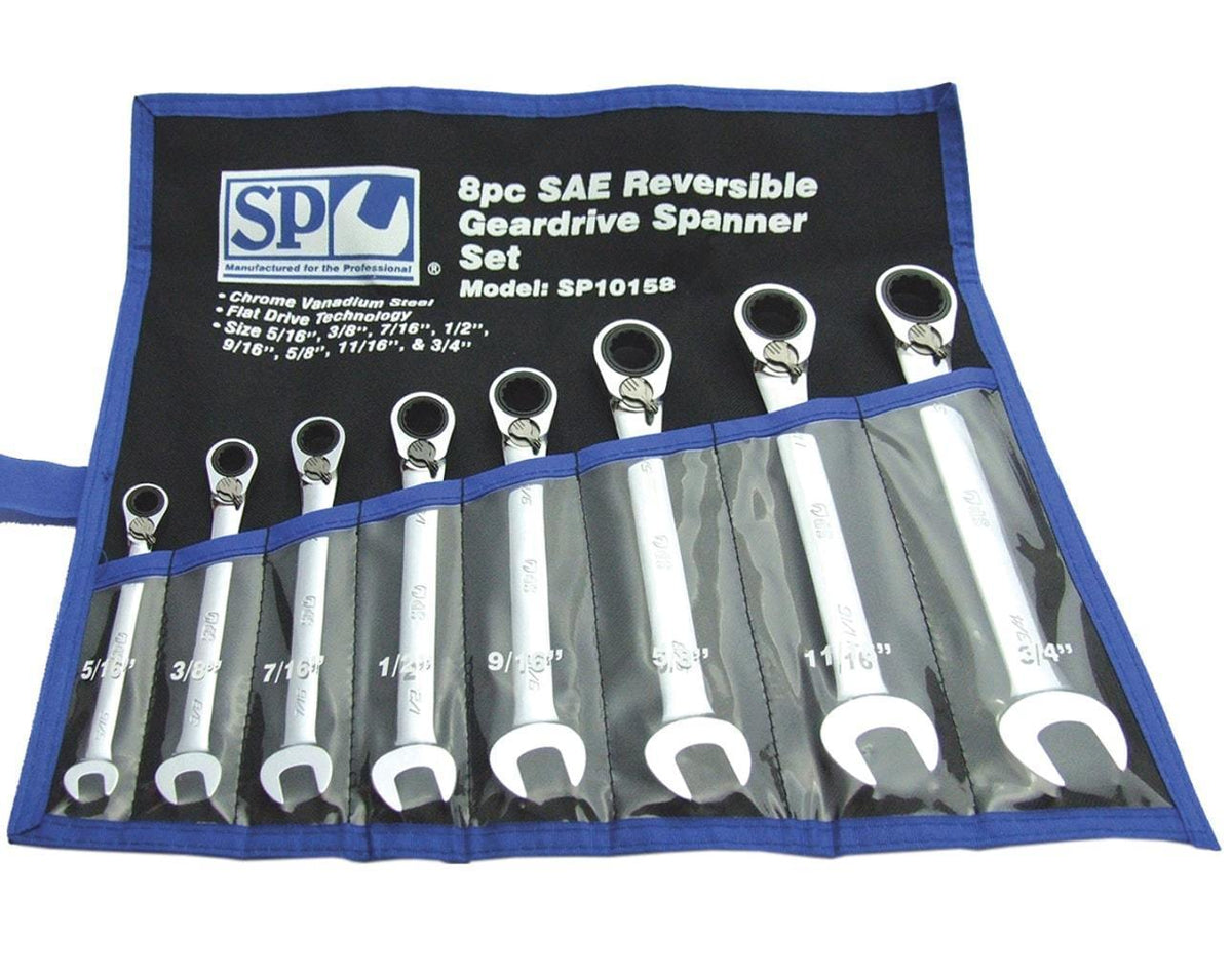 8PC SAE QUAD DRIVE® REVERSIBLE GEAR DRIVE WRENCH SET - 15° OFFSET