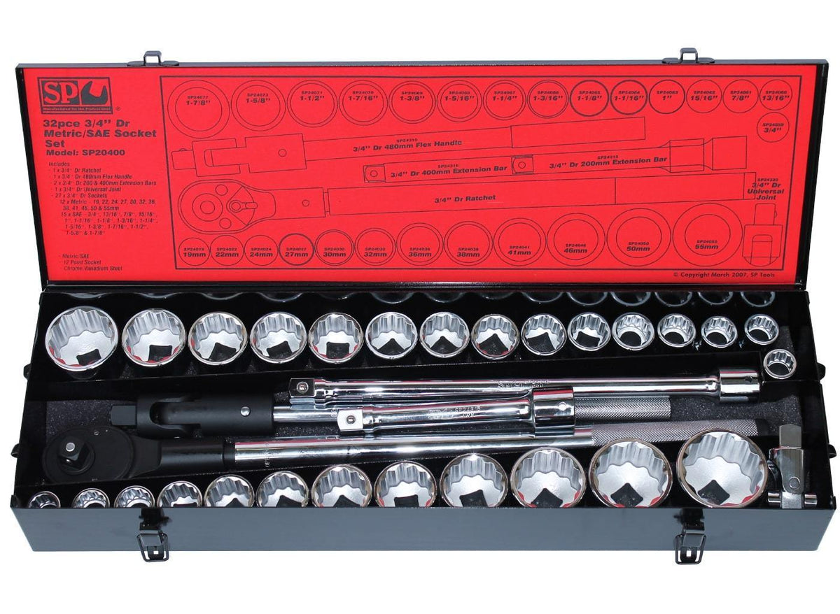 32PC 3/4&quot; DRIVE 12PT METRIC/SAE SOCKET SET