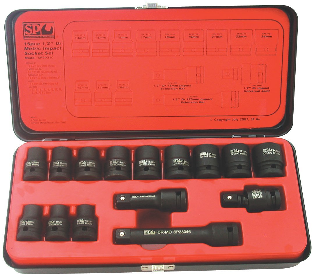 15PC 1/2&quot; DRIVE 6PT METRIC IMPACT SOCKET SET