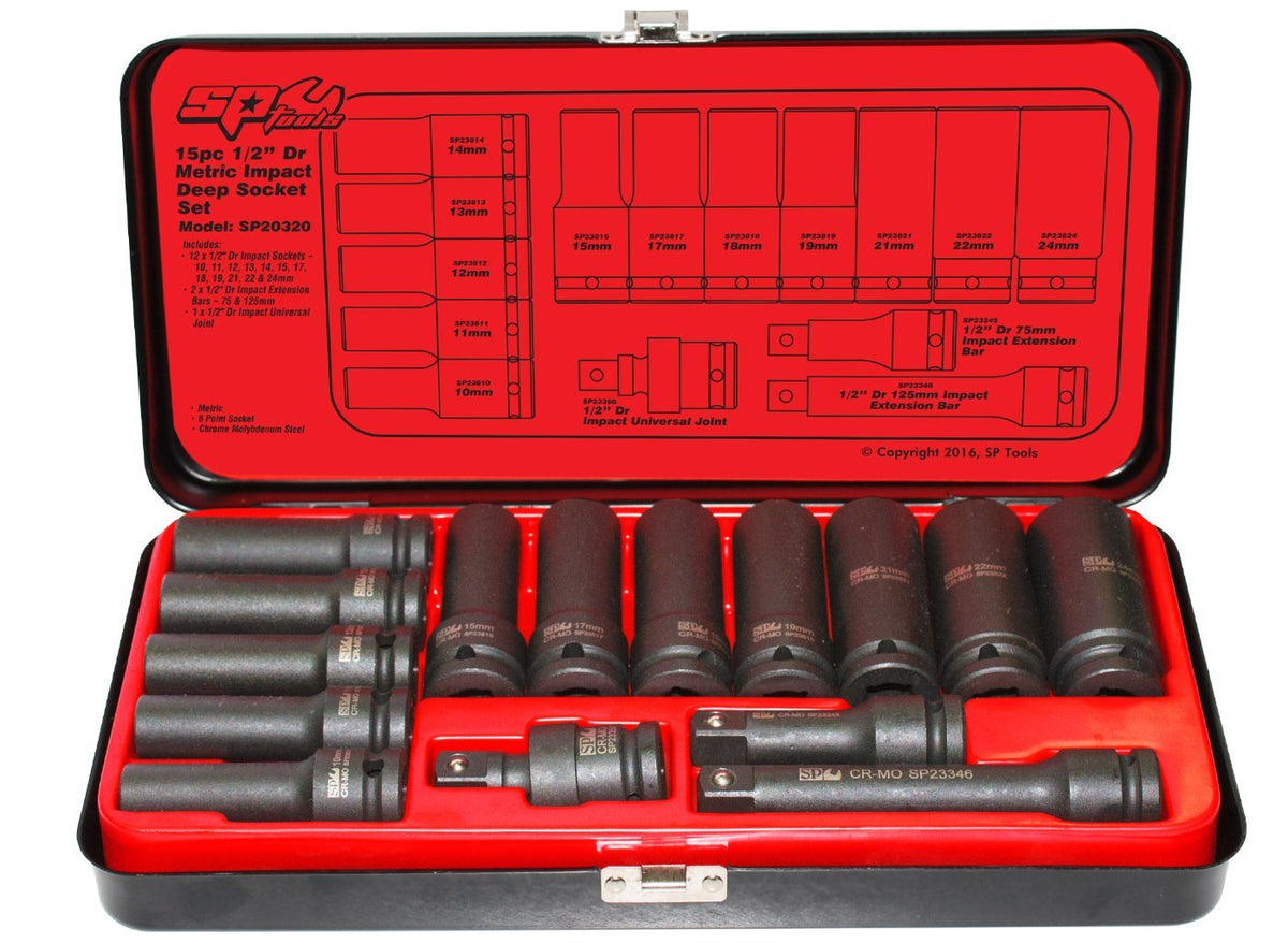 SP Tools 1/2&quot; Dr Deep Impact Socket Set - 6pt Metric - 15pc - SP20320